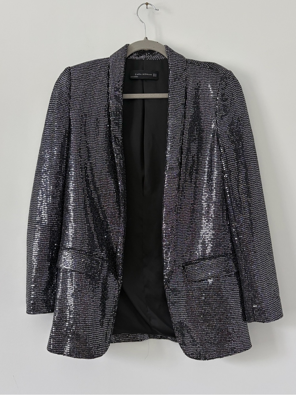 Zara Black Silver Metallic Shiny Mirrored Padded Shoulders Open Blazer Jacket XS